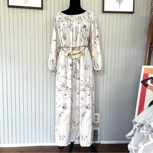 Raglan Sleeve White Floral Cotton Calf Length Dress Size Medium
